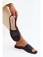 Kožené pantofle s plochým podpatkem ozdoba S.Barski KV61-6019 Černé