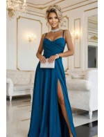 646-2 Dlouhé večerní šaty bez ramínek s rozparkem na nohou - námořnické barvy