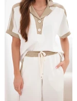 Dámský komplet s polo mikinou a širokými kalhotami máslový camelový