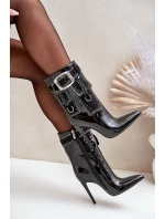 Ozdobené botky z lakované eko kůže na jehlovém podpatku černé
