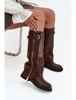 Dámské kozačky s obráceným horním lemem s přezkou a stříbrným zipem Vyhřívané hnědé Bressa