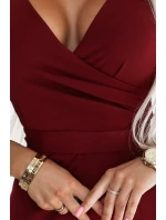 479-7 NINA elegantní šaty s obálkovým výstřihem, rukávy a páskem - Bordeaux