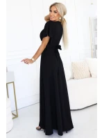 581-7 JENNIFER dlouhé šaty s rozparkem na nohou, rukávy a výstřihem - černé