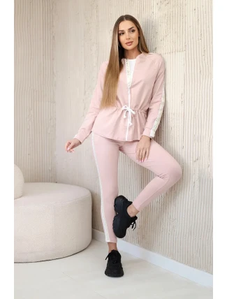 Dámská bavlněná souprava s proužky a stahovacími lemy pudrově růžová