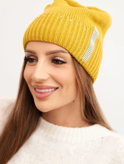 Dámská zimní čepice vlněná s cyrkoniemi K453 musztardová