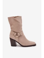 Dámské boty zateplené na podpatku s pásky a ozdobným detailem béžové Neria