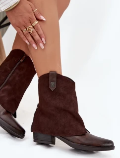 Dámské zateplené kotníkové botky kovbojky na sloupku – čokoládové Sylvette