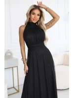 636-3 VERONICA luxusní dlouhé šaty s brokátovým akcentem a elegantním střihem - černé 636-3 VERONICA luxusní dlouhé šaty s brokátovým akcentem a elegantním střihem - černé