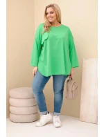 Dámská blůza Plus Size s kapsou a ohrnovacími rukávy z bavlny světle zelená Dámská blůza Plus Size s kapsou a ohrnovacími rukávy z bavlny světle zelená