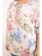 Dámská bavlněná halenka Plus Size s krátkým rukávem a květinovým vzorem pudrově růžová