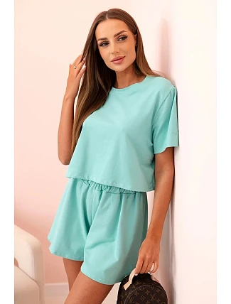 Dámský bavlněný komplet se širokými šortkami mentolový