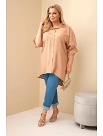 Dámská Plus Size bavlněná košile s knoflíky a límcem velbloudí