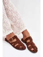 Dámské nazouváky na ploché podrážce s pásky a zlatou sponou Bežové Elzora