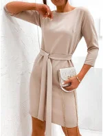 Klasické béžové šaty s páskem pro zavazování (701)