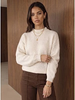 Klasický dámský svetr s kulatým výstřihem, světle béžový, FashionStreet MY2599 Klasický dámský svetr s kulatým výstřihem, světle béžový, FashionStreet MY2599