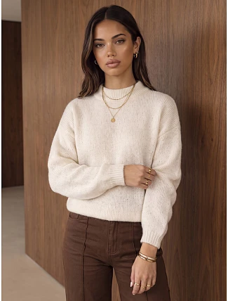 Klasický dámský svetr s kulatým výstřihem, světle béžový, FashionStreet MY2599 Klasický dámský svetr s kulatým výstřihem, světle béžový, FashionStreet MY2599