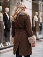 Dámský kabát s odnímatelným kožešinovým límcem, hnědý, FashionStreet TY6073 Dámský kabát s odnímatelným kožešinovým límcem, hnědý, FashionStreet TY6073