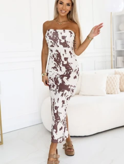 611-1 SAVANNAH přiléhavé šaty na ramínka - hnědobílý boho vzor