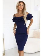 599-3 CARMEN Přiléhavé midi šaty ve španělském stylu - tmavě modré
