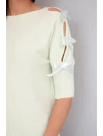 Dámský svetr s krátkým rukávem a ozdobnými mašličkami mátový