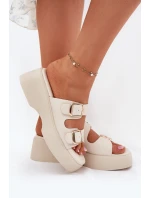 Dámské pantofle na platformě a klínu s přezkami světle béžové Nitarelia