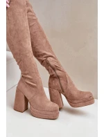 Kozačky S Návrhem Nad Koleno Na Podpatku A Platformě Béžové Nadelian