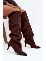 Dámské kozačky na jehlovém podpatku bez zapínání v čokoládové barvě Mavilla