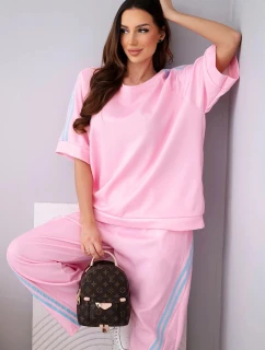 Dámský máslový komplet z viskózy, mikina a kalhoty s lampasy bonbónově růžový