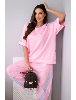 Dámský máslový komplet z viskózy, mikina a kalhoty s lampasy bonbónově růžový