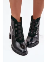 Lakované dámské kotníkové boty z přírodní kůže na podpatku DACR52696 tmavě zelené