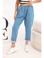 Dámské kalhoty s ohrnutou nohavicí a páskem světle džínové