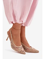 Dámské sandály na podpatku s krajkou tmavě béžové Pelivelle