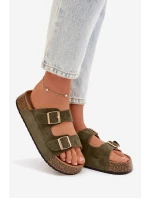 Dámské pantofle na korkové platformě se zlatými sponami Zelená Tovessa