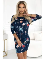 13-160 Sportovní šaty s kravatou - KVĚTINY na tmavě modrém pozadí