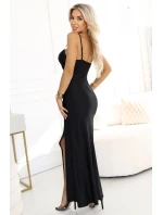 638-1 Dlouhé korzetové saténové šaty s rozparkem na nohou - černé