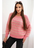 Svetr dámský pruhovaný s vlnou volného střihu růžový