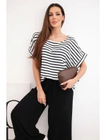 Dámská viskózová souprava s pruhovanou blůzou a širokými kalhotami s gumou černý