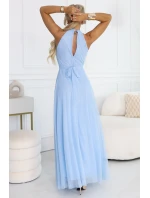 662-1 Elegantní maxi večerní šaty na ramínka s tylem a zavazováním v pase - modré