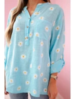 Lněná dámská halenka s květinovým vzorem, dlouhými rukávy a knoflíky Mátová