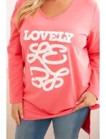 Dámská blůza Plus Size bavlněná s nápisem a výstřihem do V růžová