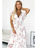 434-4 LISA Plisované midi šaty s výstřihem a volánky - broskvový květ na bílém pozadí