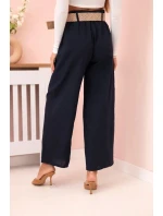 Dámské lněné kalhoty se širokými nohavicemi a páskem námořnická modř