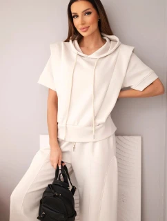 Dámská máslová souprava mikina s kapucí a volné kalhoty se šňůrkou béžový