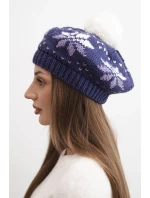 Dámská zimní čepice vlněná s motivem sněhových vloček a bambulí K457 tmavě fialová