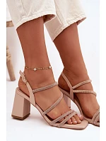 Dámské sandály na podpatku s pásky a kamínky Béžové Brelia