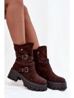 Dámské kotníkové boty na robustním podpatku s přezkami a páskem čokoládové Nerelisa