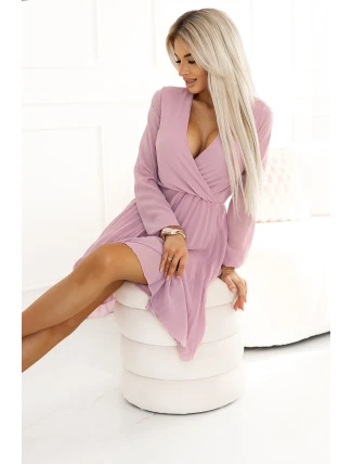 313-16 ISABELLE Polsko plisované šaty s dlouhými rukávy a výstřihem - pudrově růžové 313-16 ISABELLE Polsko plisované šaty s dlouhými rukávy a výstřihem - pudrově růžové