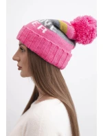 Dámská zimní čepice s vlnou a nápisem s velkým bambulí K422 světle růžová