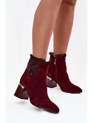Semišové kožené dámské kotníkové boty na podpatku s ozdobou vyhřívané D&A MR52-127 bordó