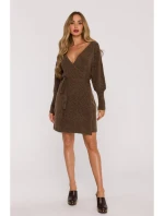 M631 Zavinovací svetrové šaty s vázáním - karamelové